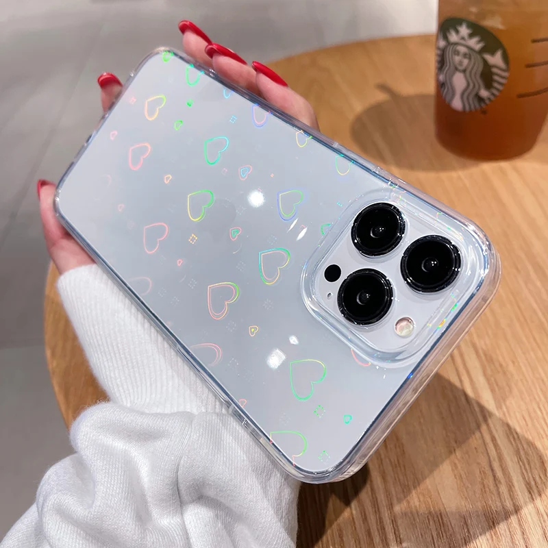 Fashion Gradient Laser Love Heart Clear Phone Case For iPhone 16 Pro Max 15 14 13 12 11 X XS XR 7 8 Plus SE Shockproof Cover