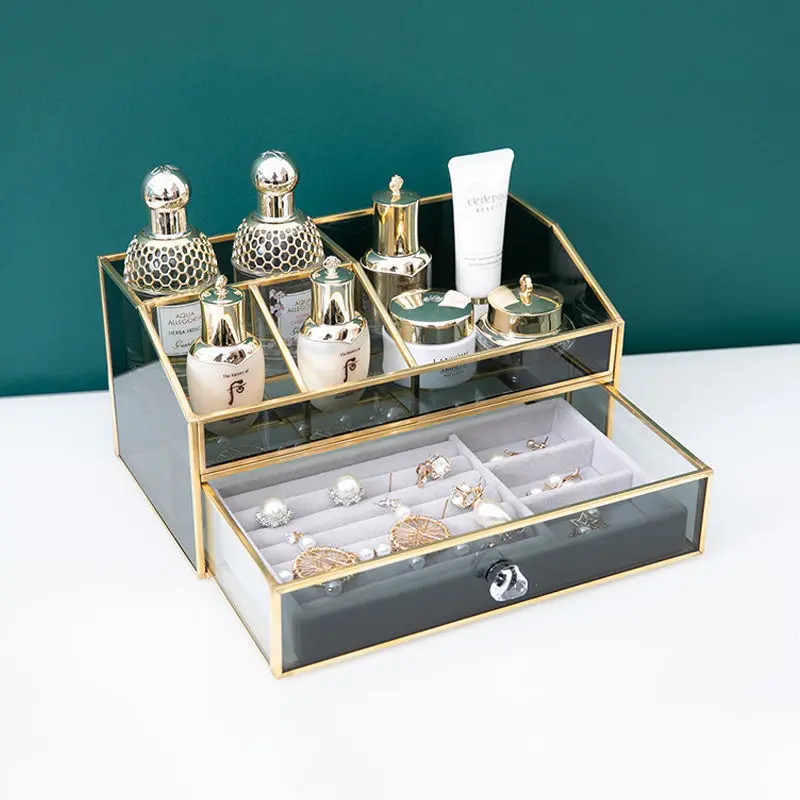 custom. [Light Luxury Black Glass] High-end Luxurious Cosmetic Storage Box Glass Dressing Table Desktop Drawer-style Skincare Pe