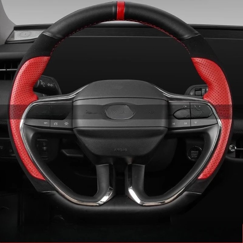 

For Ford Mondeo Fusion Evos 2022 2023 2024 Hand-stitched genuine Leather suede Sports style car Steering Wheel Cover