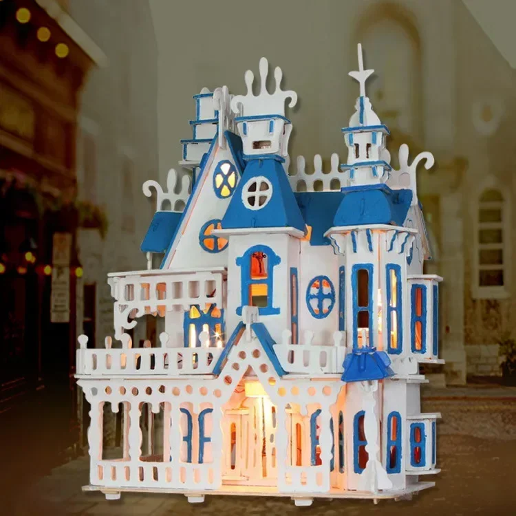 [Grappig] Sunshine Alice Dream Villa kasteel licht DIY Houten Miniatura Poppenhuis Meubels Handgemaakte 3D bouwstenen meisje speelgoed