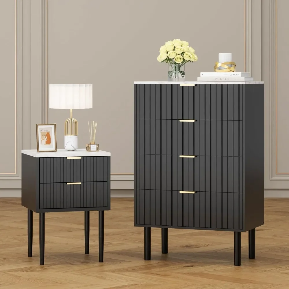 Black Matching Dresser and Nightstand Sets 3 Piece,Modern Grooved Stripes,Marble Texture Top,Gold Handles