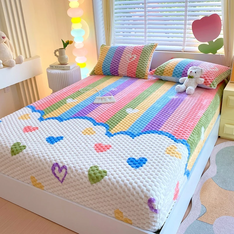 Milk Velvet Quilted Bed Sheet  Winter Thicken Warm Plush Bedspread with Elastic Band Fitted Sheet Soft Mattress Cover Protector