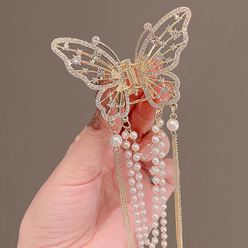 1Pc Vintage Pendant Super Fairy Butterfly Tassel Grab Clip Holloway Pearl Rhinestone Hair Grab Shark Clip Temperament Headpiece