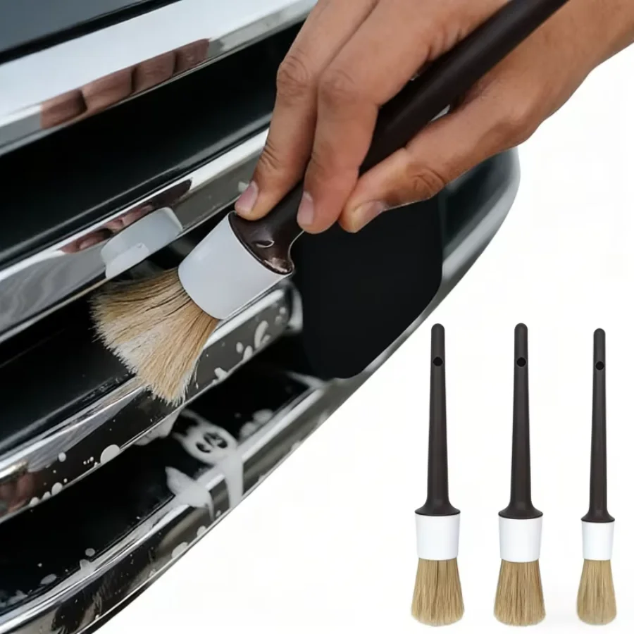 Juego de 3 Cepillos de Cerda de Jabalí para Detalles Interiores y Exteriores del Automóvil, Herramientas de Limpieza para Autos, Cepillo para Limpiar el Tablero