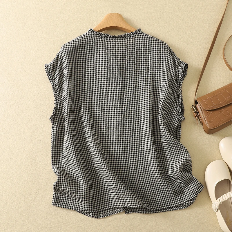 Letnia Nowość Tanie Cienkie Bawełniane Lniane Luźne Krótkie Koszulki Retro Bez Rękawów Okrągły Dekolt Prosty Krój