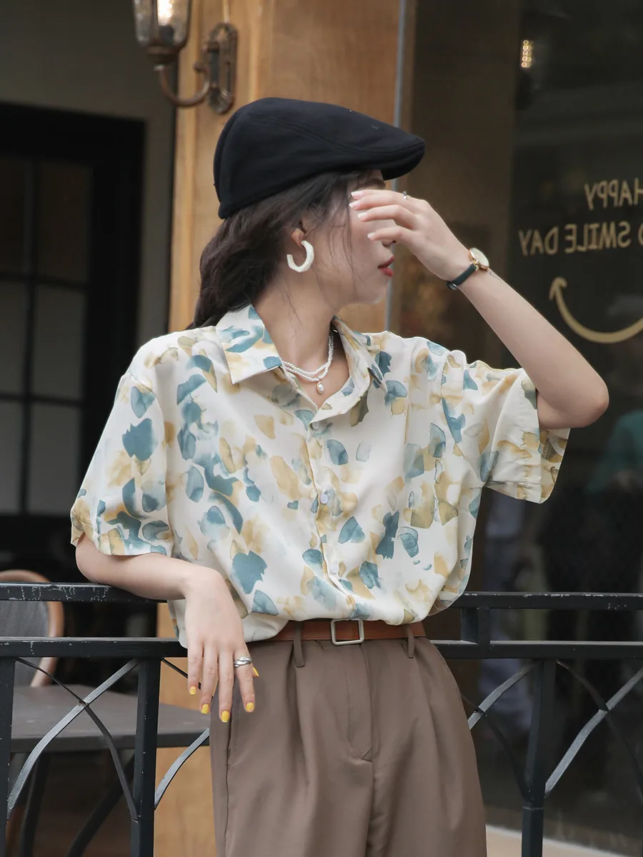 

Retro Hong Kong Sle Floral Print irt Women's Summer Loose Slimming Sun Protection ort Sve Collar Top