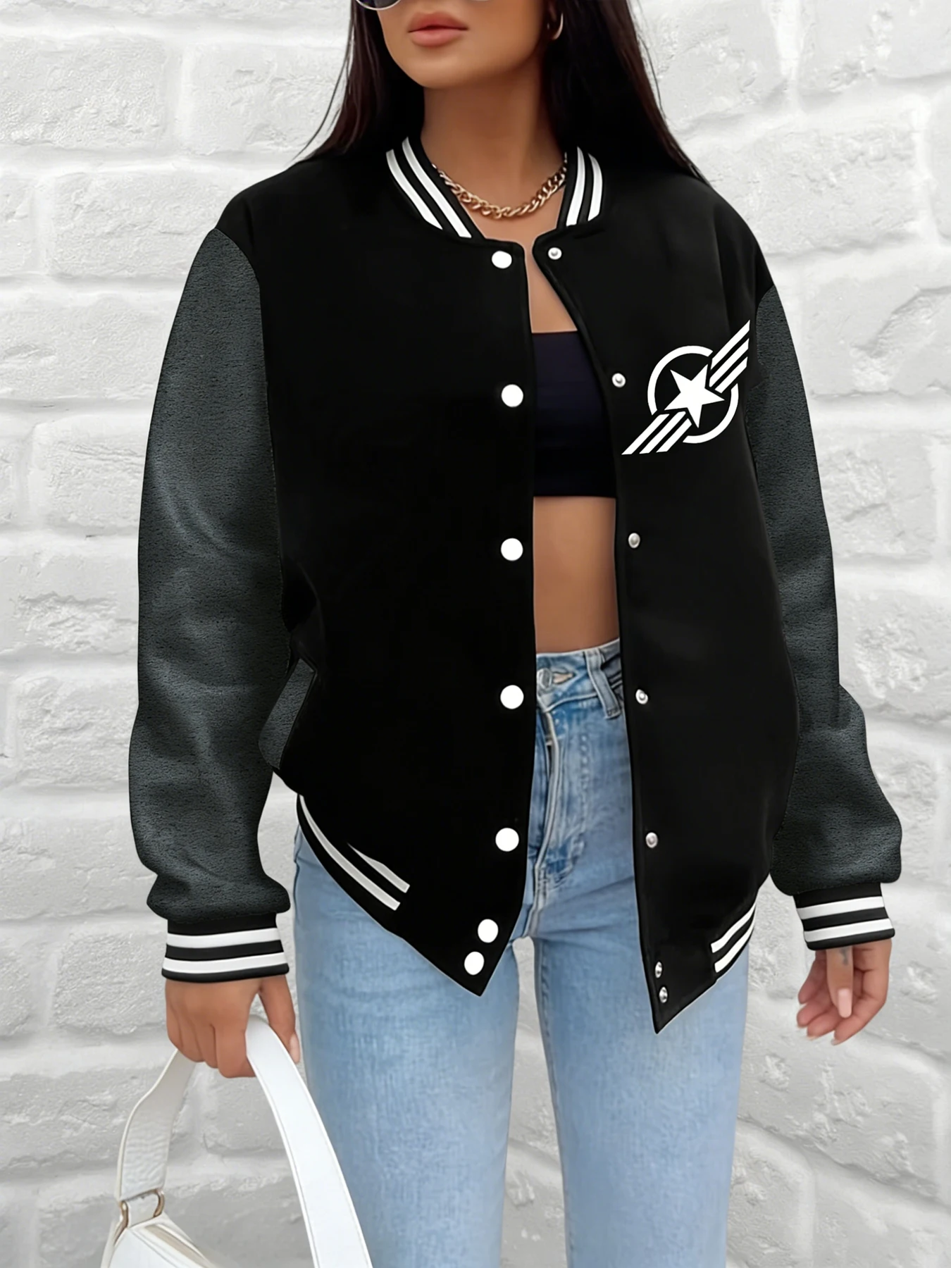 

Женская бейсбольная куртка с логотипом звездного крыла, минималистичный графический принт, университетское пальто, свободная верхняя одежда, повседневная уличная мода, повседневная одежда
