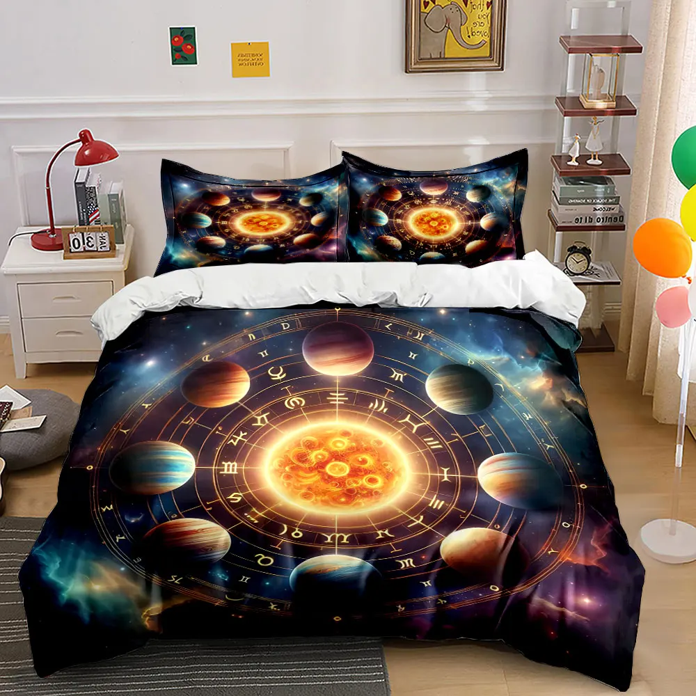 Zodiac Solar System Three-Piece Decor Bedding Set with 1 Duvet Cover 2 Pillowcases Single Double King Queen, Gift