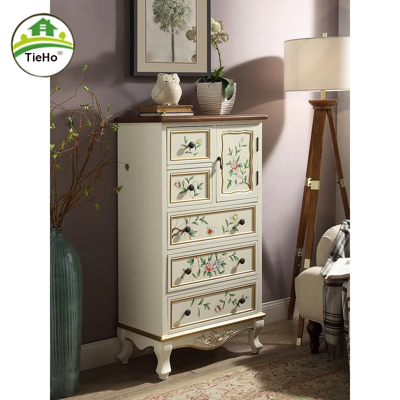 Living Room Painting Storage Cabinet With Drawer Vintage Colored Wood Bedside Table Multi-layer Storage Rack Home Furniture