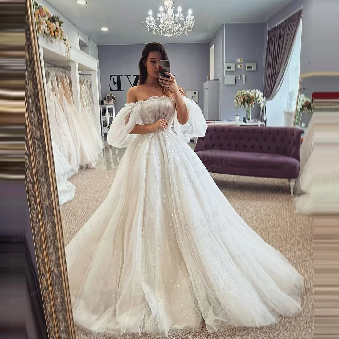 Abiti da sposa squisiti Abiti da sposa linea A da donna per la sposa Appliques scintillanti con spalle scoperte Abiti da sposa personalizzati 2025