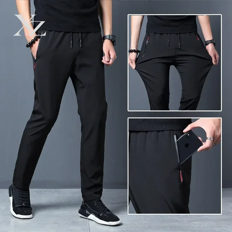 2024 Summer Men's New Loose Ice Silk Thin Section Quick Dry Zip Pocket Nine Trousers Fitness Sports Comfortable Leisure {}