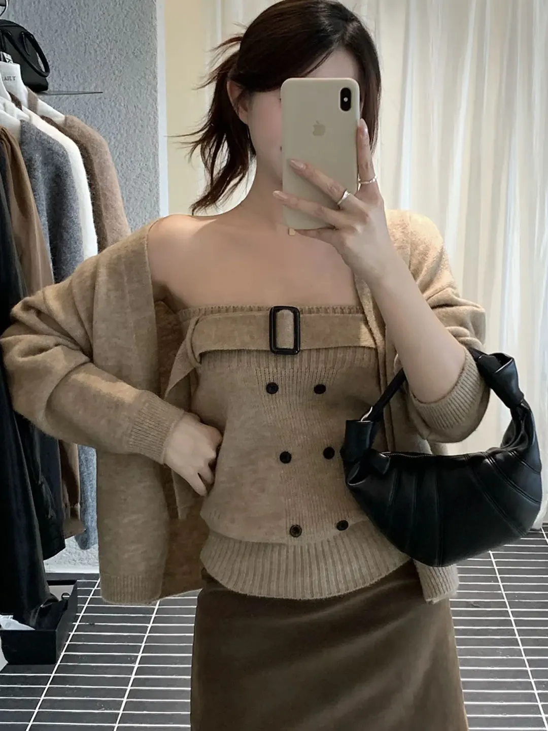Fall Fashion Korean Style Lazy Knitted Sweater Cardigan Top And Vest Two-Piece Set High Elasticity Long Sleeve High Waist