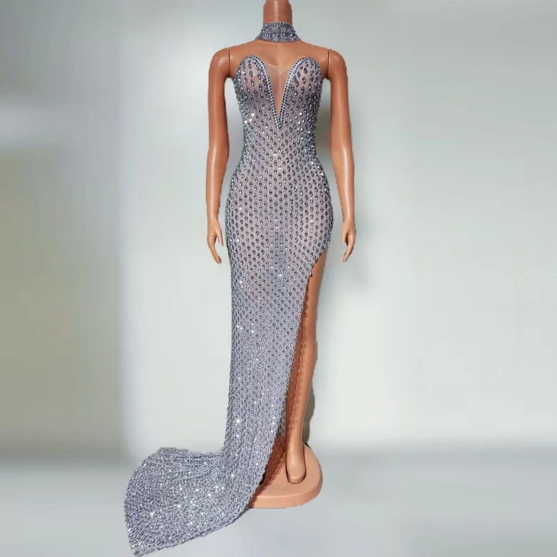 Fashion Women Party Evening Dress Full Rhinestones Festival Outfit Bar Nightclub Dj Ds Stage Catwalk Costume Jazz Wear XS9580