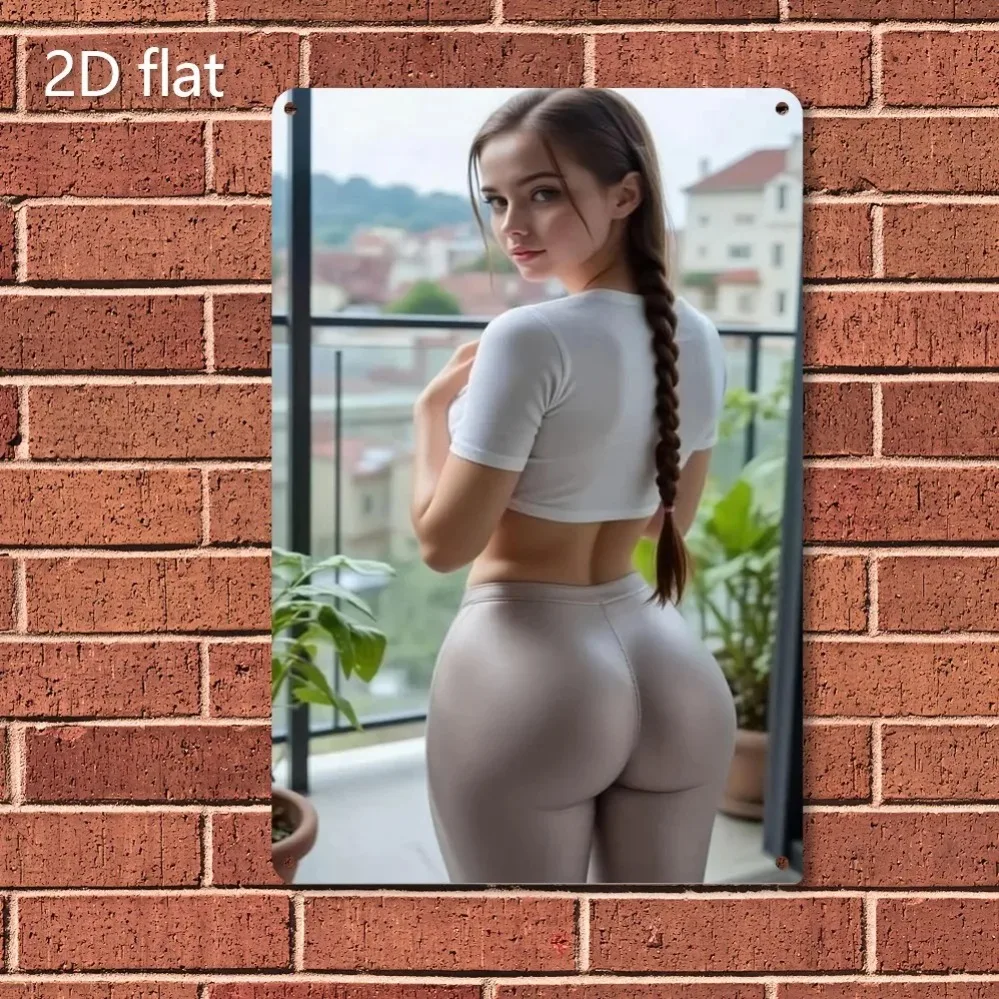 HD Tin Sign Fitness Girl in Crop Top & Leggings 2D Flat Vintage Metal Wall Art Decor for Home Bar Man Cave