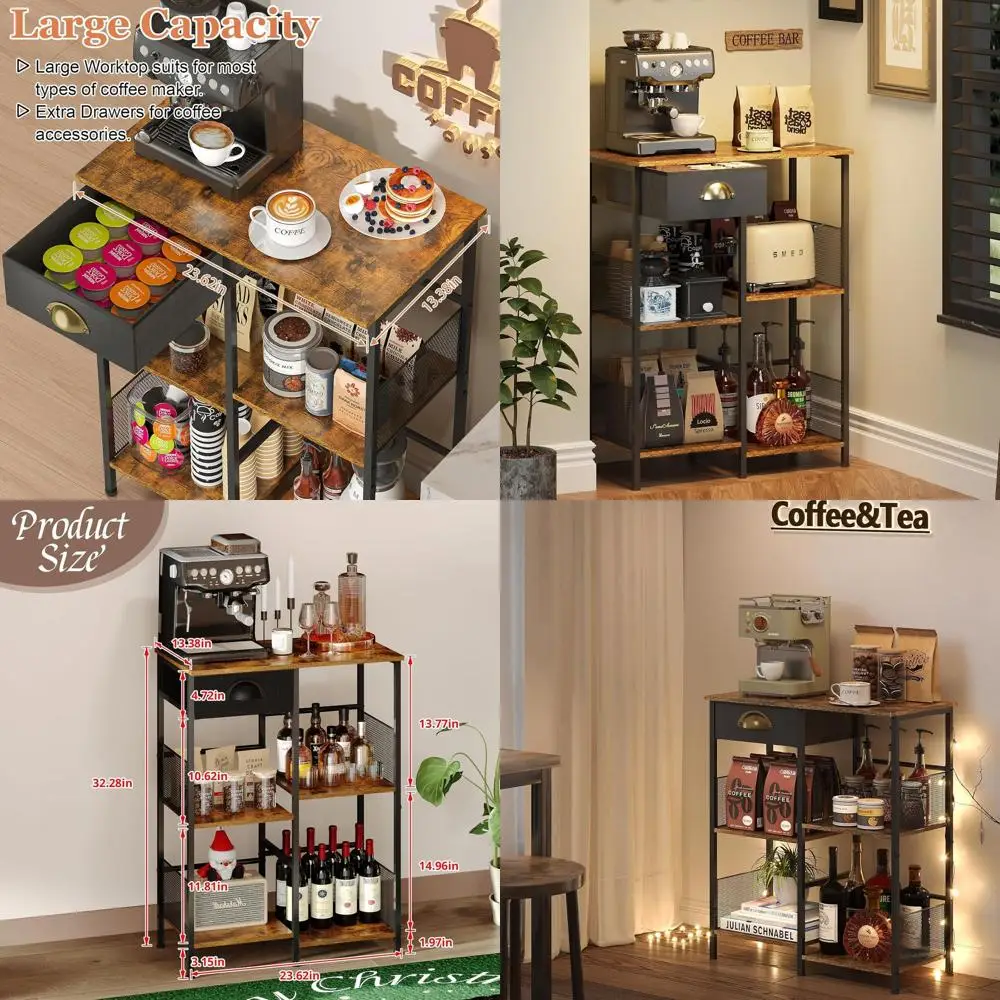 

Compact 5-Shelf Coffee Bar for Small Spaces: Rustic Kitchen Cabinet or Living Room Sideboard