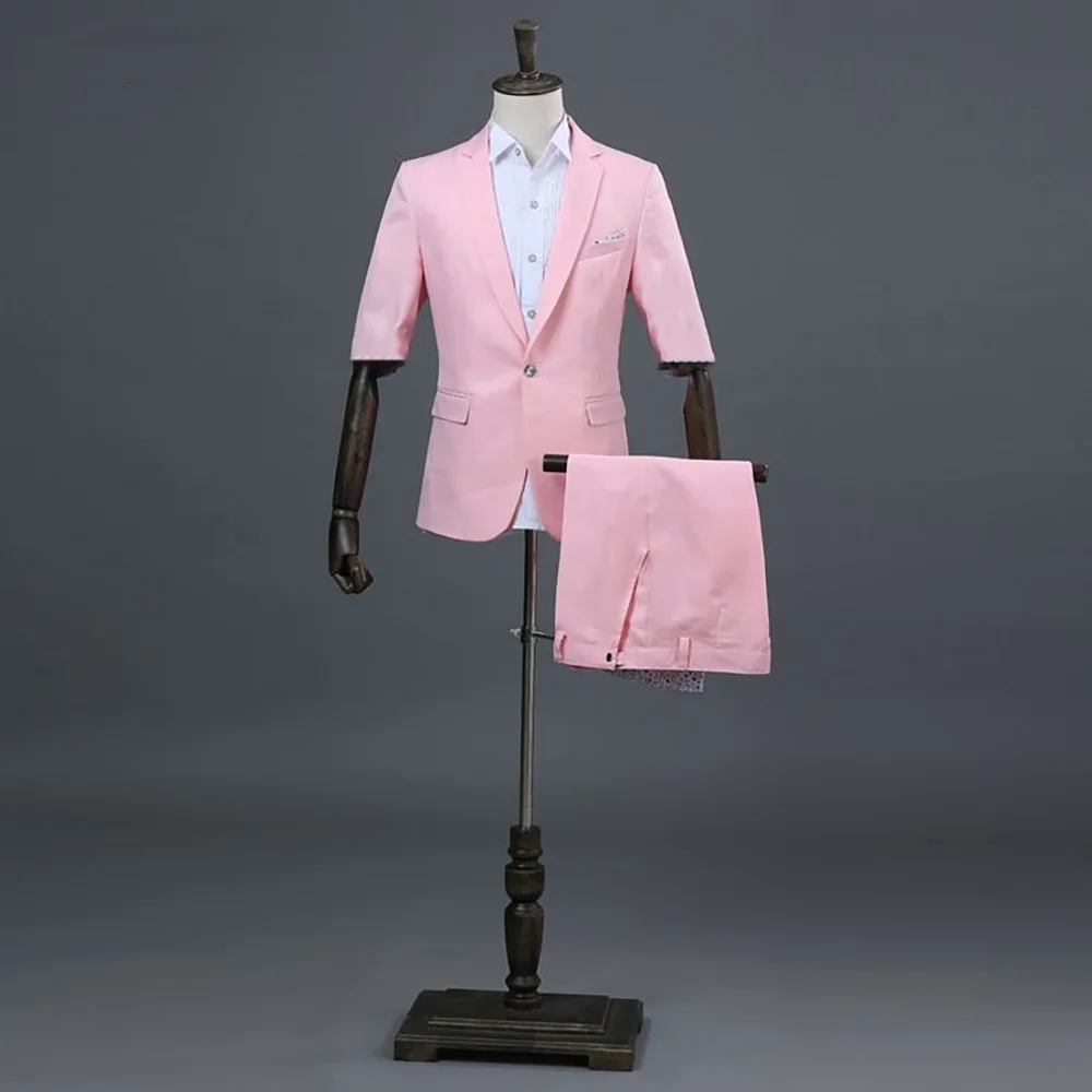 

Short Sleeve Coat 2 Piecs Jacket Short Single Breasted Peak Lapel Daily Work Commute Casual Style Male Clothing