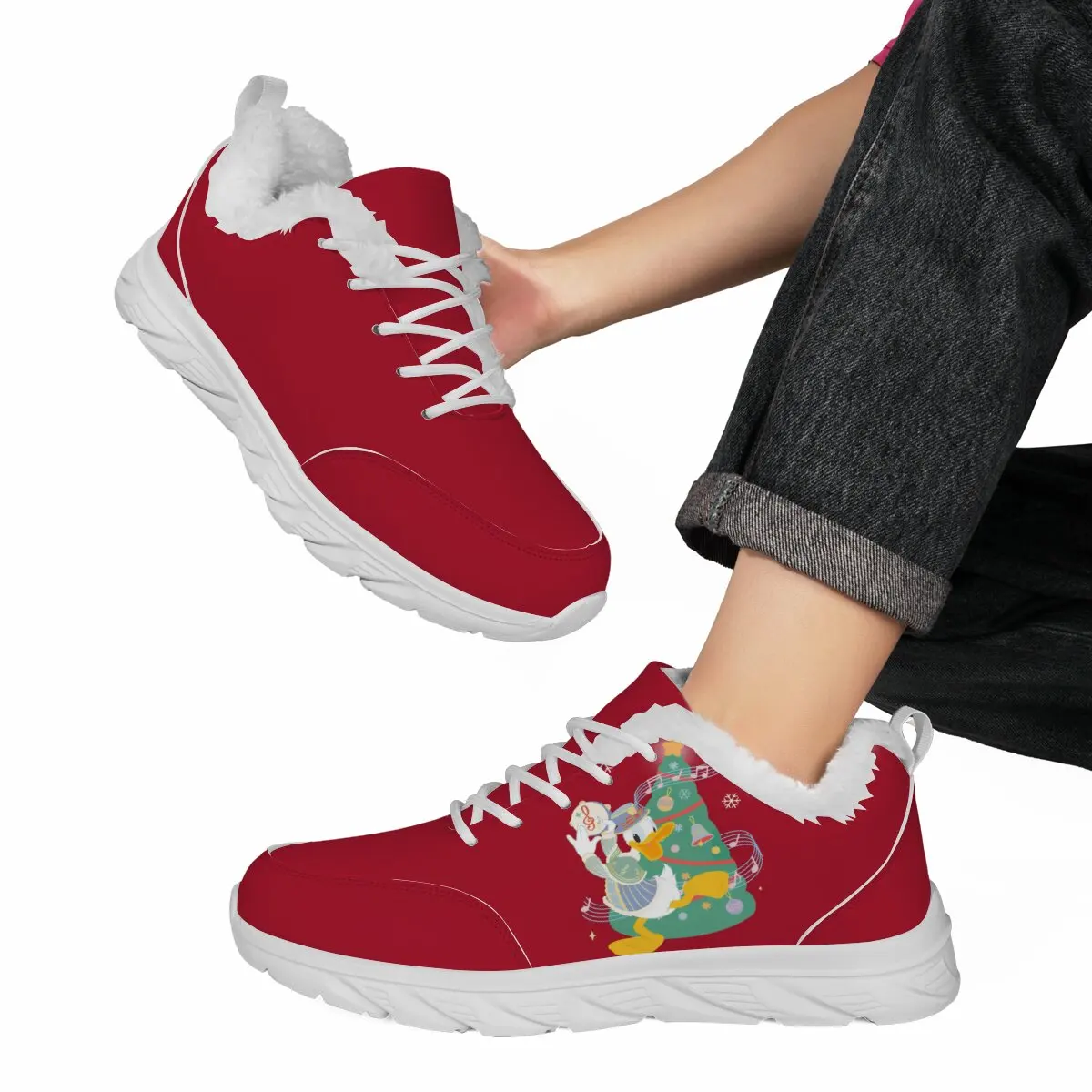 女性用冬用フラットシューズ、赤いクリスマスドナルドダックスニーカー、毛皮の襟とツリーの形をしたラウンドトゥ、暖かい綿の靴