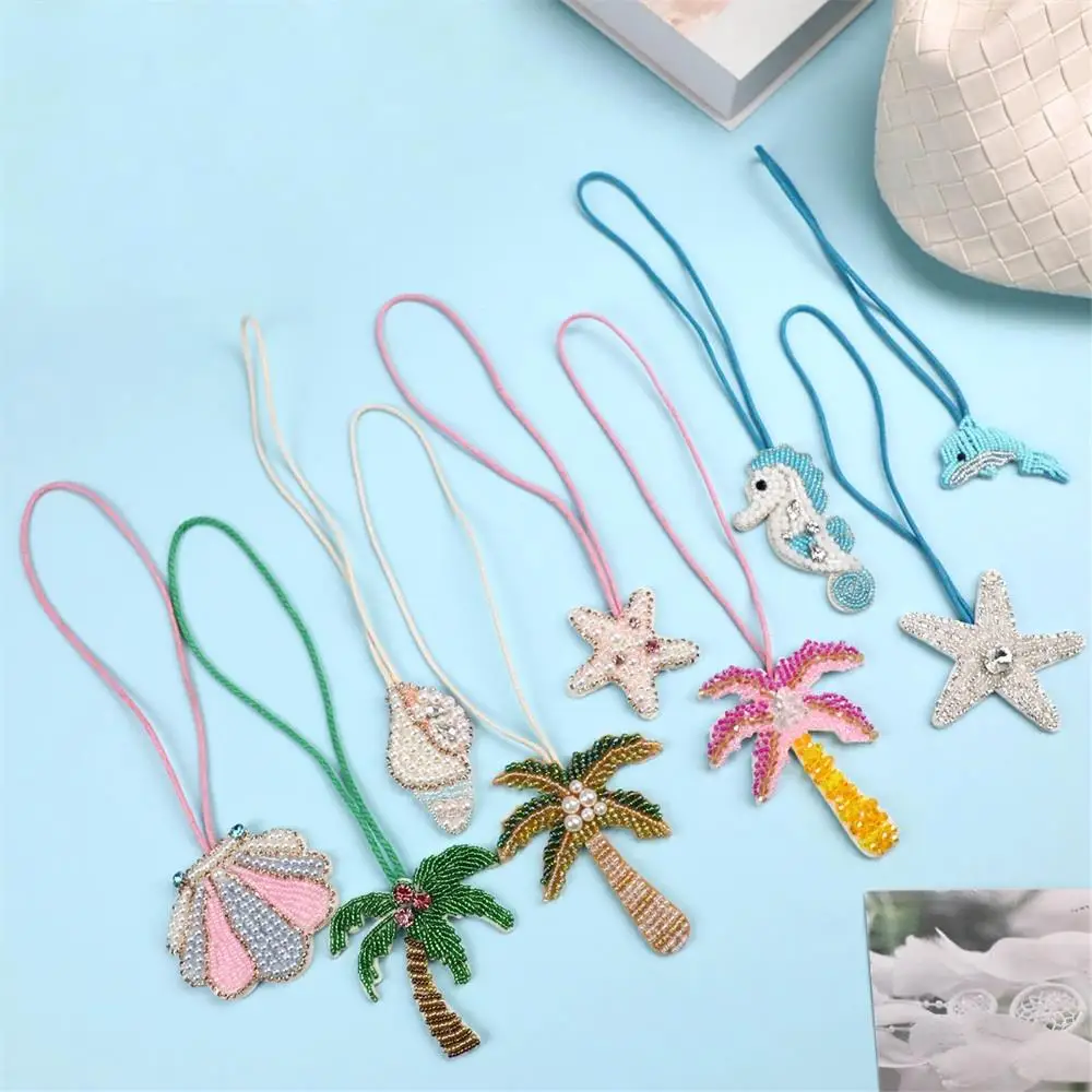 

Starfish Hanging Rope Keychain 3d Handmade Rhinestone Beaded Patches Crystal Coconut Tree Bag Lanyard Hanging Decoration