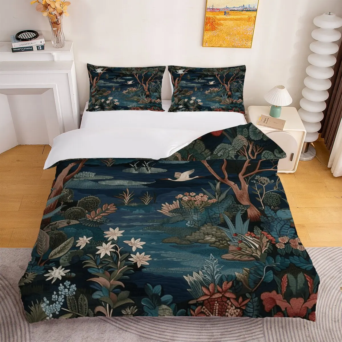 Egrets fly  Down comforter set large size  lotus pond  1 duvet cover and 2 pillowcases