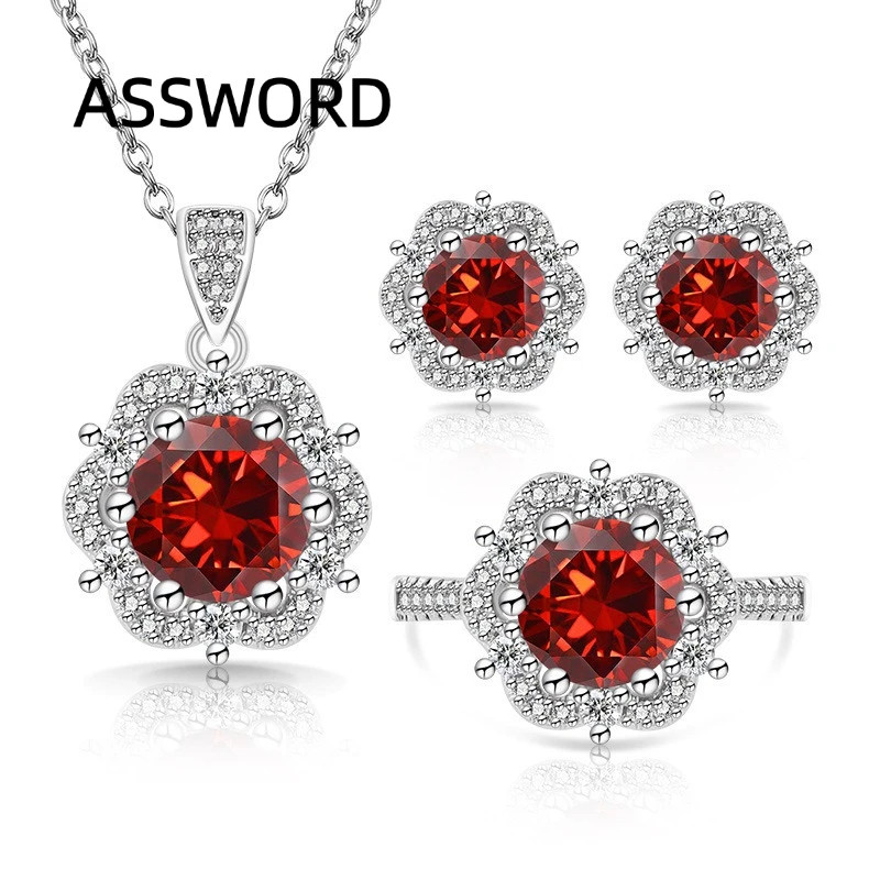 925 Sterling Silber Blumenform CZ Schmuckset Damen Anhänger Halskette Ohrstecker Verstellbarer Ring Brautschmuck Hochzeitsgeschenk – Detail 3