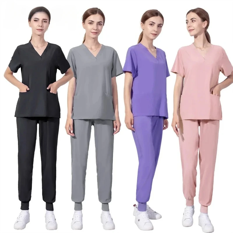 Uniformes de travail élastiques pour femmes, document solide, soins infirmiers, clinique pour animaux de compagnie, infirmière, hôpital médical, médecin, col en V, vente en gros