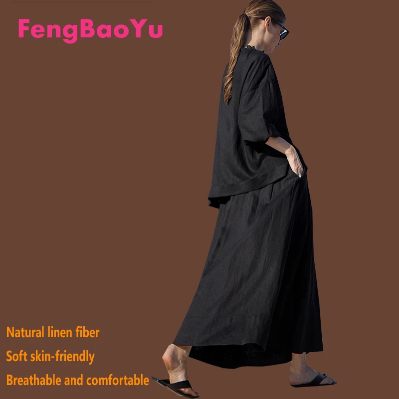 

100% Natural Linen Women's Suit Black Seven-point Sleeves Skirt 2 Pieces of Clothing Temperament Fashion Elegant Travel Casual