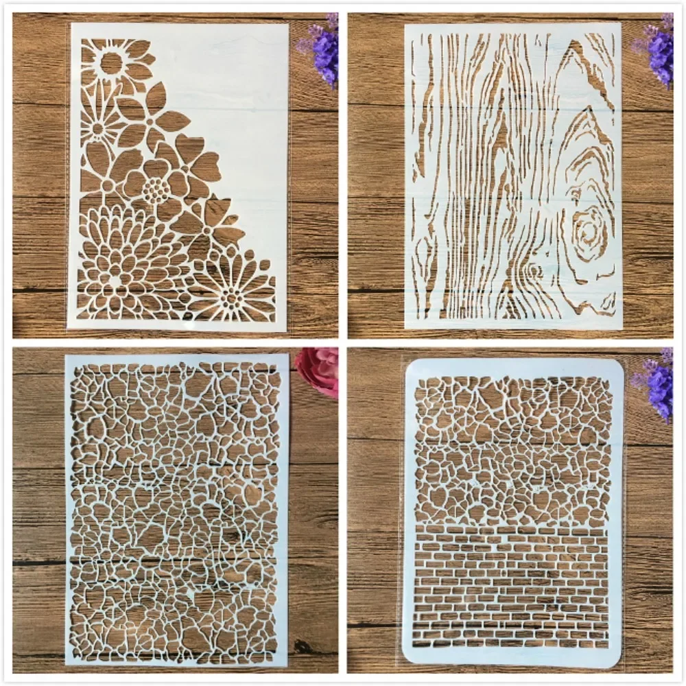 4Pcs/Set A4 29cm Mosaic Brick Wood Daisy Texture DIY Layering Stencils Painting Scrapbook Coloring Embossing Decorative Template