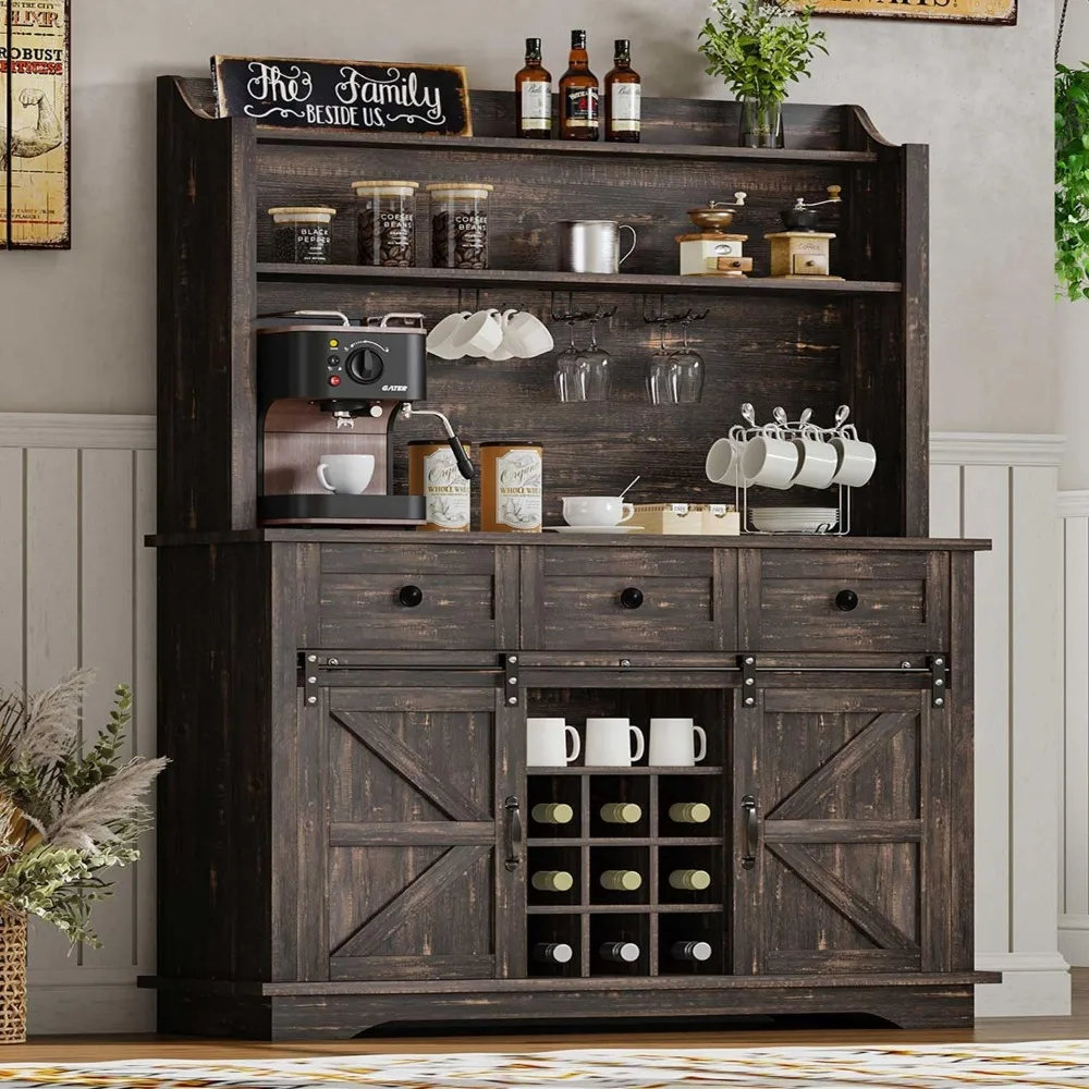Шкаф для кофе-бара в фермерском доме с 3-уровневым хранилищем, 63-дюймовый кухонный шкаф для хранения вещей с 3 ящиками, высокий кофейный бар с держателями, Wi