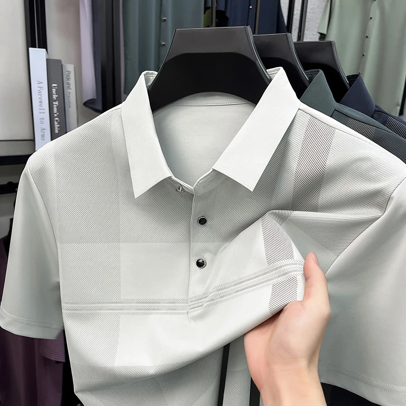 2026 Summer Men's Ice Silk T-shirt Checker Jacquard Business Casual Short Sleeve Comfortable Business Casual Tops for Man