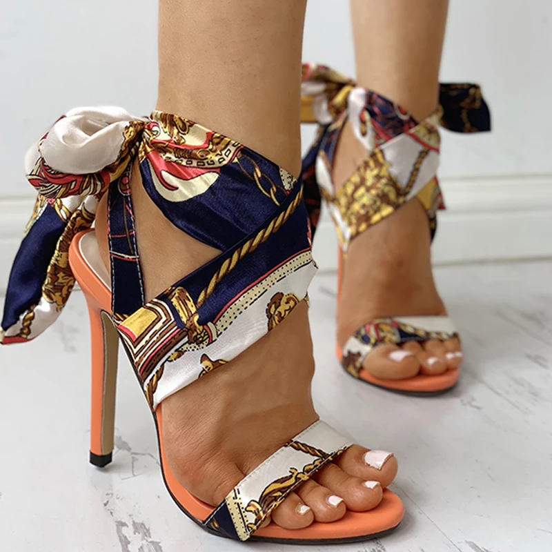 Vacation Party Shoes Peep Toe Point Toe Heeled-sandals Satin Print Knotted Detail Thin Heeled Sandals