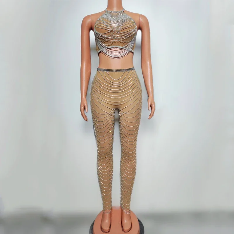 Diamentowe Przezroczyste Frędzle Łańcuszki Stroje Damskie Kostiumy do Tańca na Rurze Gogo Bar Klub Nocny Dj Ds Scena Impreza