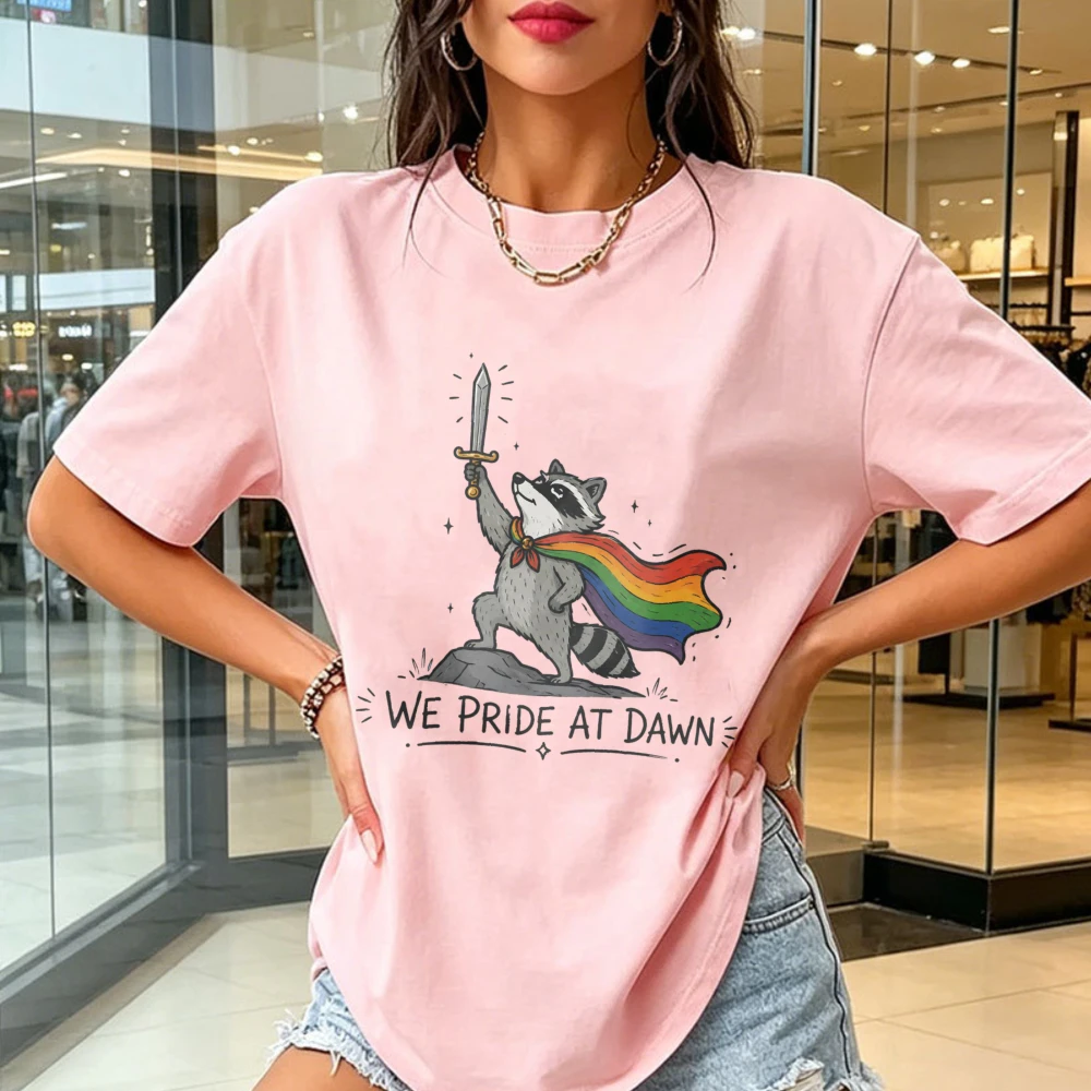 We Pride At Dawn Sword Rainbow Cape Raccoon Cotton Women T-shirt Cute Cartoon LGBTQ Graphic Short Sleeve Tops Pride Month Tees