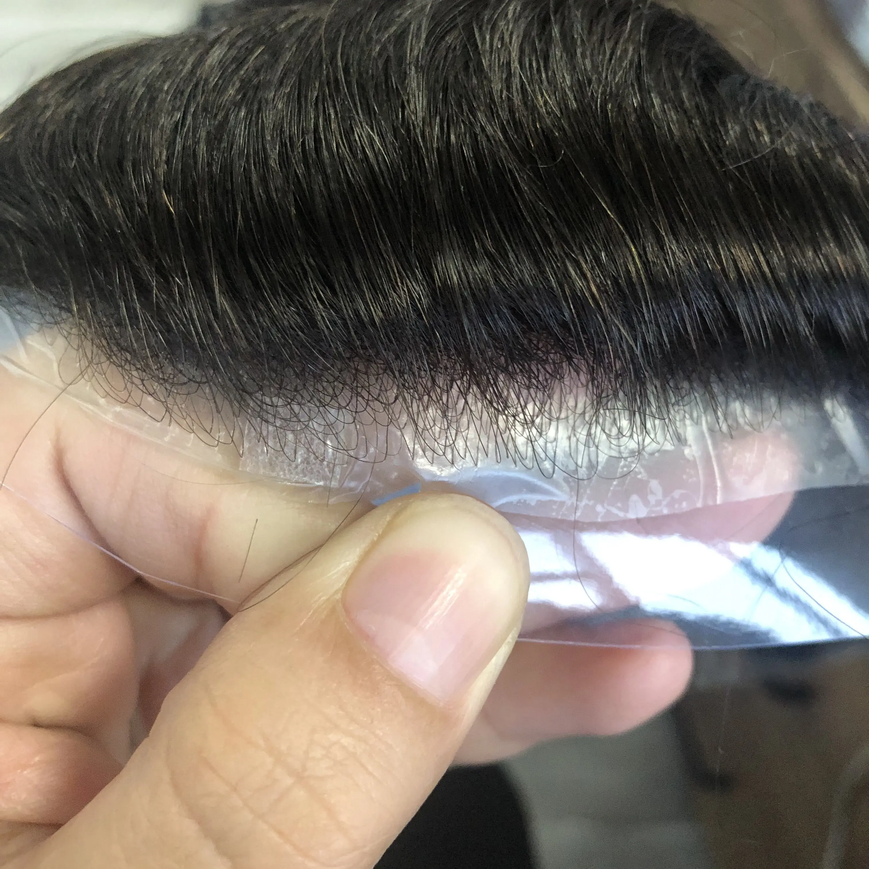 Unsichtbare 80-90 Dichte, super-natürlicher Haaransatz, schwarze Herrenperücken, 100% Echthaar, 0,02 mm ultradünne Hautbasis, Herren-Toupet – Detail 6