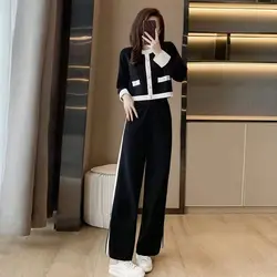 Fall Winter Women Knitted Pants Set Fashion Casual Commuter Long-sleeved Round Neck Knitted Cardigan Trousers 2pcs Matching Set