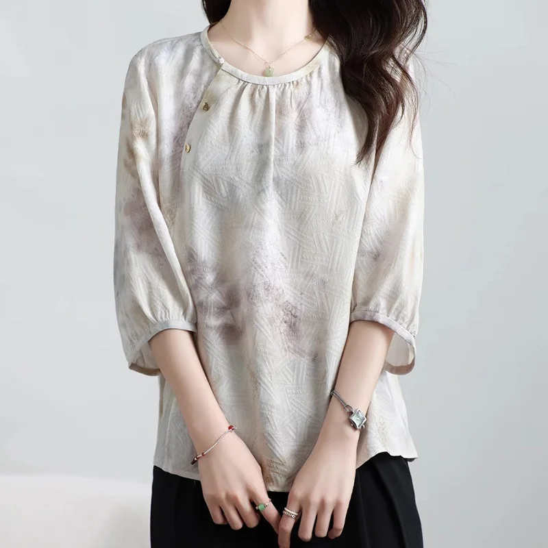 Chinese Style New Silk Shirt High-End Top Women's round Neck Mother's Printed T-shirt Summer Clothing