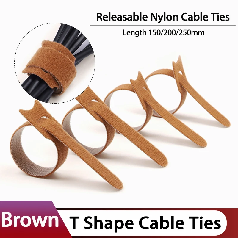 

Brown 150 200 250mm T-Shape Releasable Cable Ties Wire Organizer Plastics Releasable Bundle Fastener Nylon Hook Loop Straps