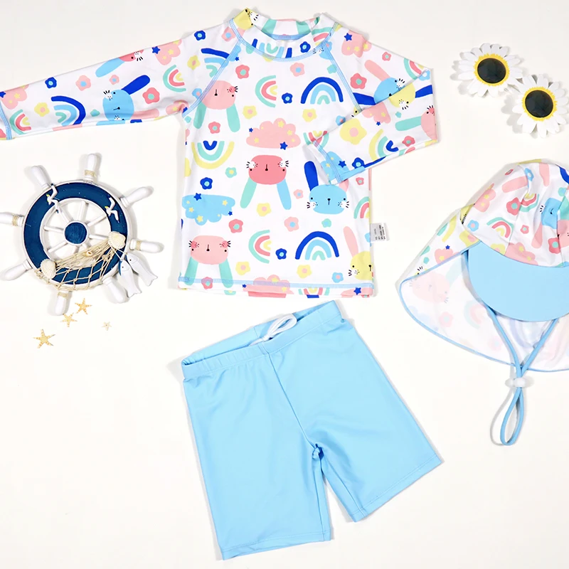 Three-piece Long Sleeved Rabbit Printing Swimwear 2023 Girl Children's Swimwear Japanese Hat Children's Beach Suit HatShorts