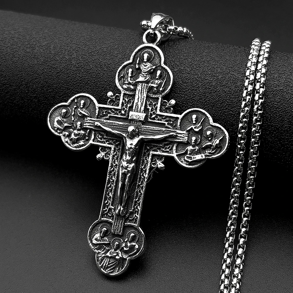 

12 Apostles Jesus Crucifix Cross Christian Pendant Necklace for Women Men Stainless Steel Vintage 316L Amulet Chain Jewelry