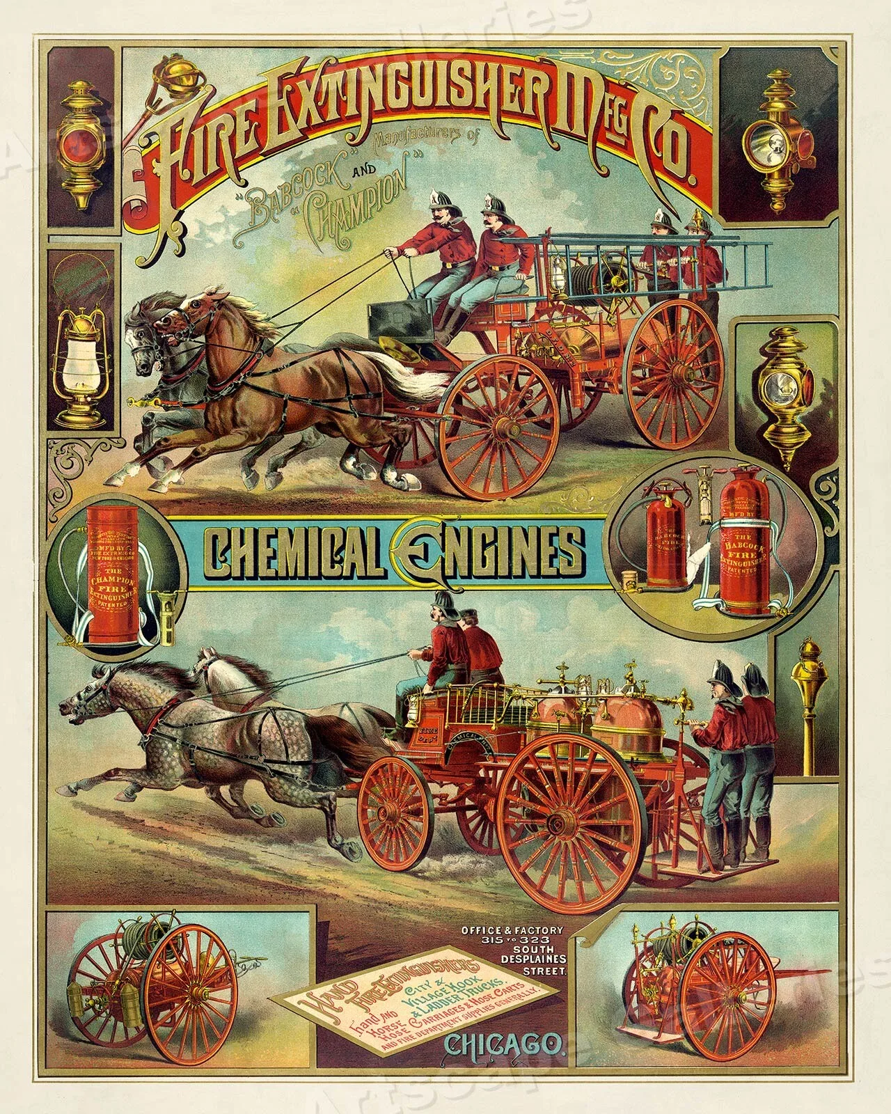 1880s Fire Engine Vintage Style Firefighter Advertising Poster  Wall Painting Home Decor