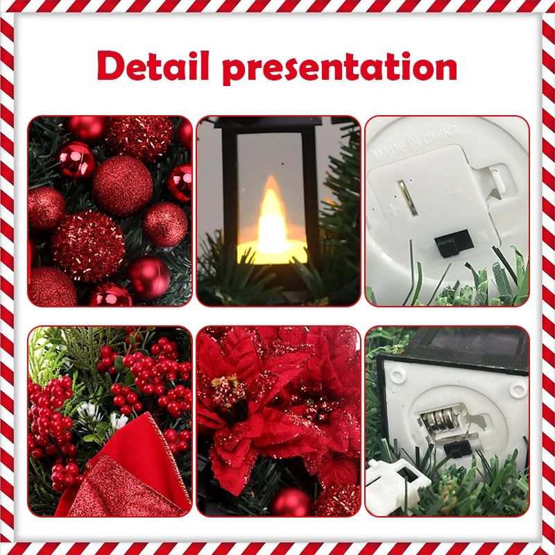 Christmas Decoration For Home Christmas Wreath With Light Bow Ball Big Red Flower Xmas New Year's Eve 2024 Door Window Room Deco