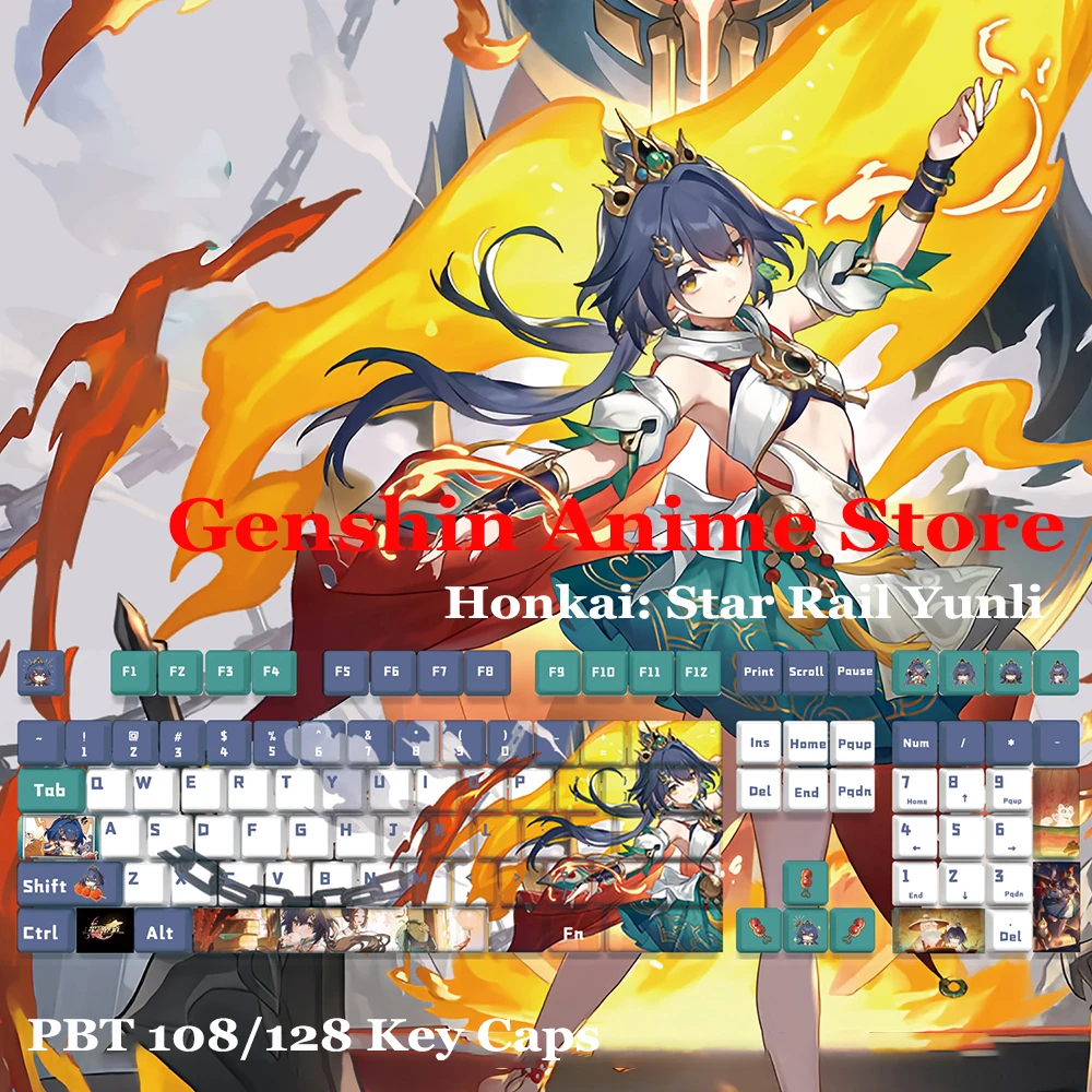 honkai-star-rail-yunli-pbt-108-128-capuchons-de-touches-accessoires-de-cosplay-axe-cote-grave-sublimation-thermique-rgb-mecanique-keycaps