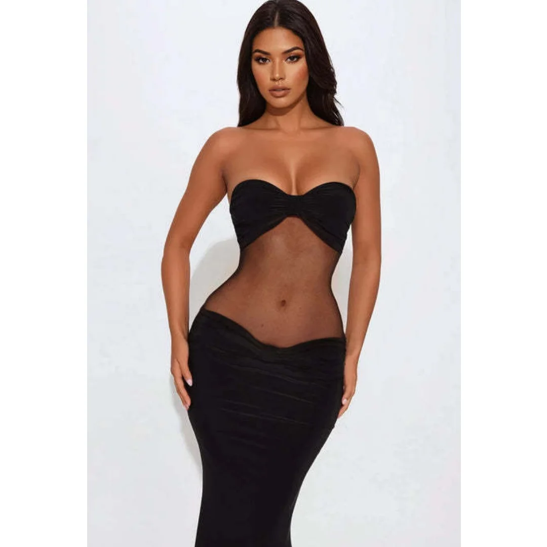 Fashion Off Shoulder Sexy Hollow Out Long Dresses Solid Slim Strapless Mesh Sheer Dress Elegant Summer Party Club Evening Gown - view 2