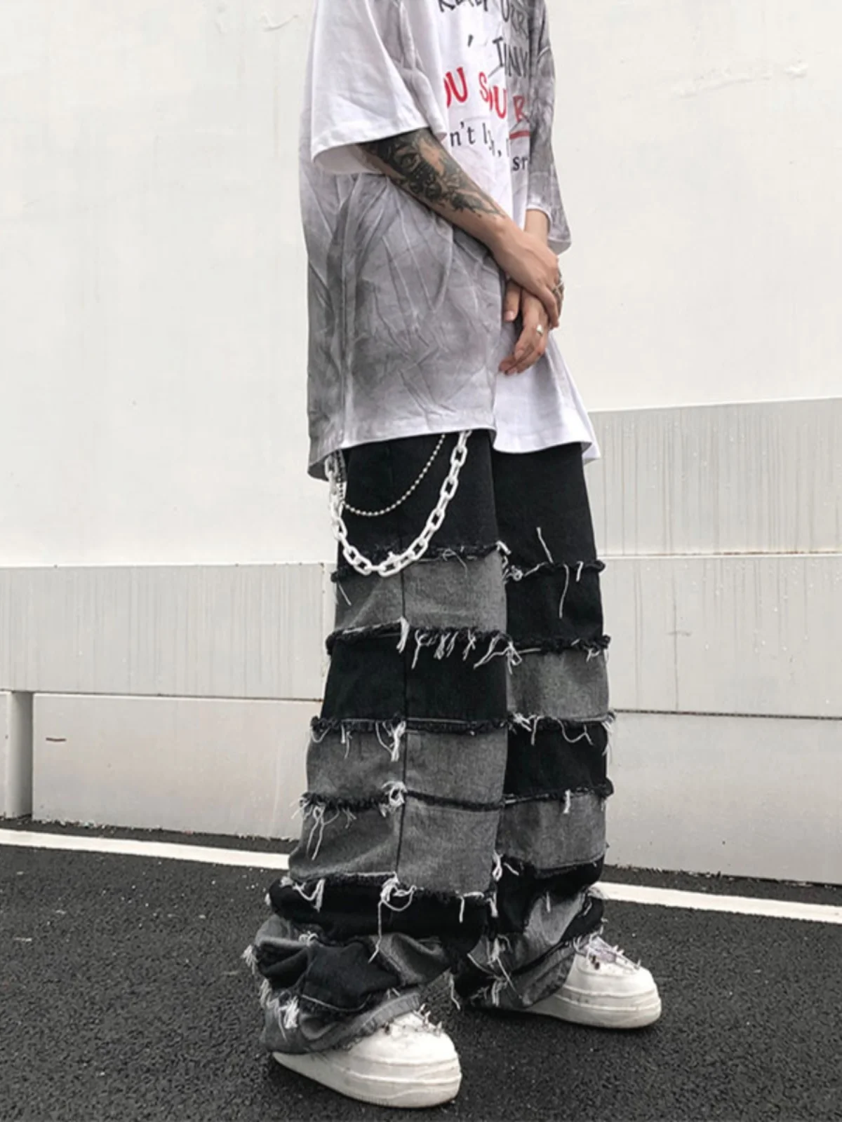 

Мужские джинсы American High Street с бахромой, модные, трендовые, свободные, широкие штанины, в стиле хип-хоп, повседневные, для пар, свободный крой