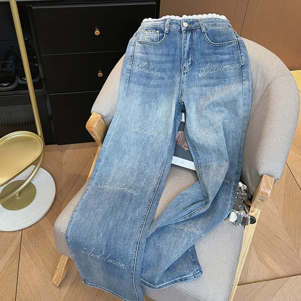 New American Y2K Hot Girl Jeans Rhinestone Lace Spliced High Waist Narrow Straight Leg Loose Slim Floor-Length Denim Trousers
