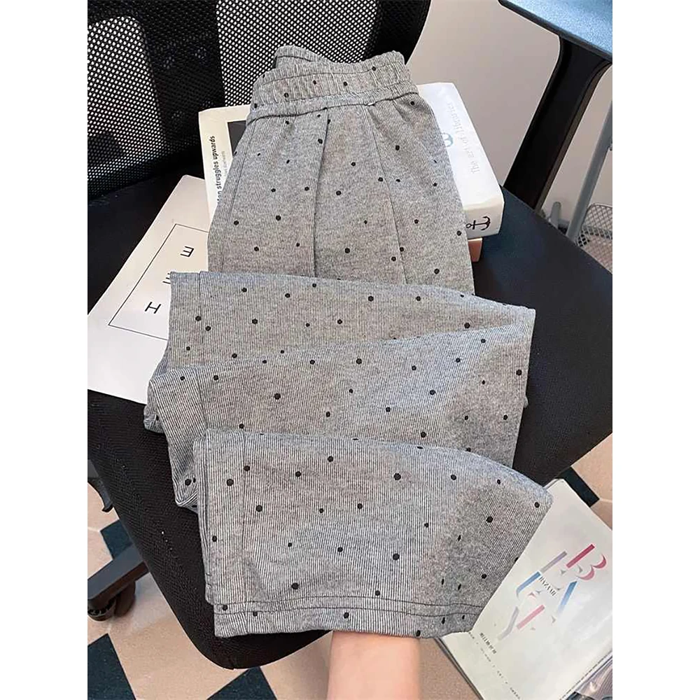 

Casual Loose Grey Pants for Women Spring Autumn Wave Point Straight Full Trousers Female Elastic Waist Polka Dots Wide Leg Pants