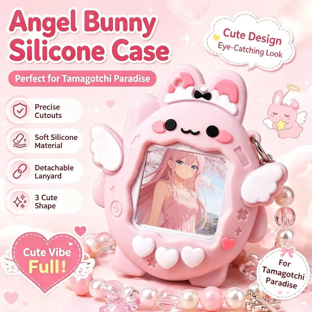 Full Coverage Silicone Case For Tamagotchi Connection Cute Rabbit Shockproof Cover With Beaded Lanyard