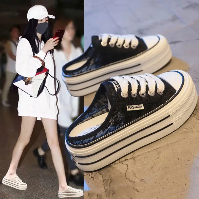 Baotou-女性用ハーフスリッパ,厚底,かかとなし,通気性のあるメッシュ表面,滑り止めサンダル,夏,新品,2022