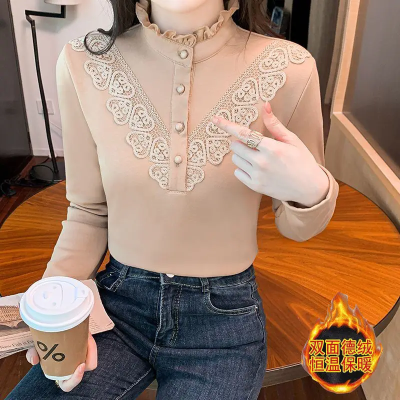 Women\'s Ruffle Lace Button Elegant Chic Half High Collar Basic T-shirts Autumn Winter Warm Long Sleeve Slim Top Female Clothing