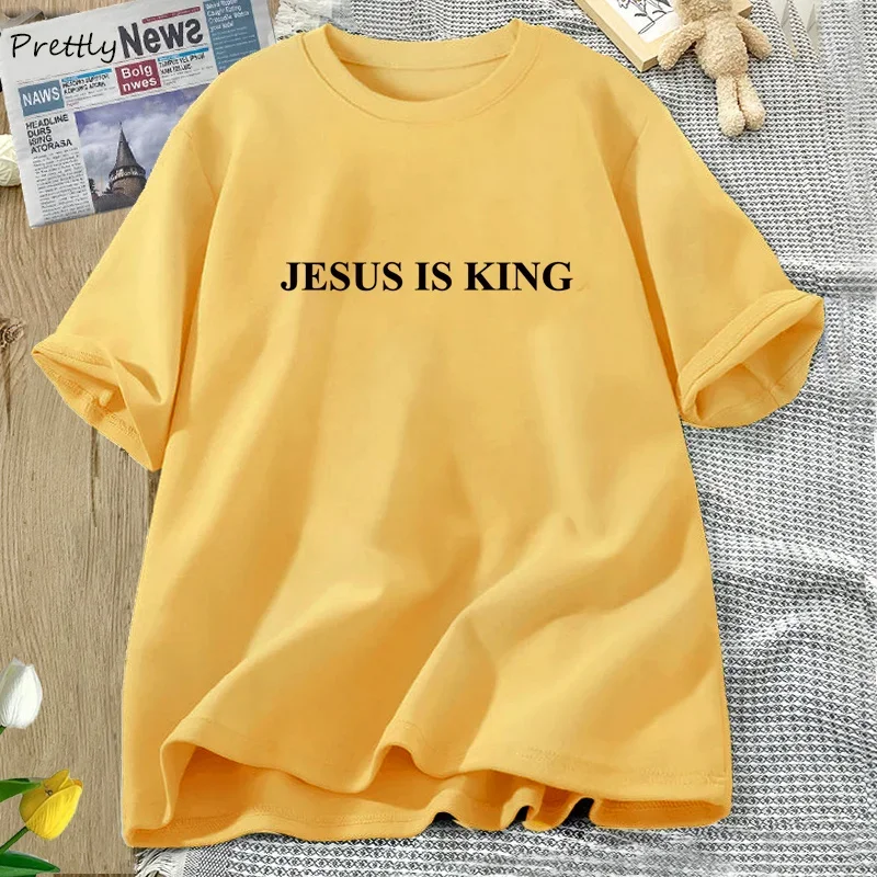 JESUS IS KING Graphic T Shirts Christian Tshirt Sunday Service Religious Faith T-shirt Cotton Short Sleeve Female Clothing Tops