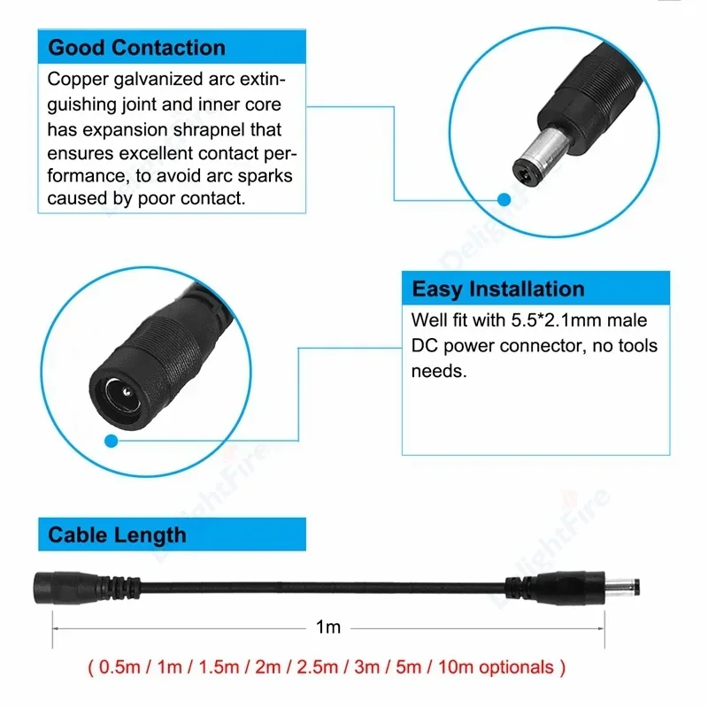 5.5mm 2.1mm DC Extension Cord 5V 12V 22AWG 3A 1/2/3/5/10m Male Female Jack Power Cable for CCTV Security Camera LED Strip Lights